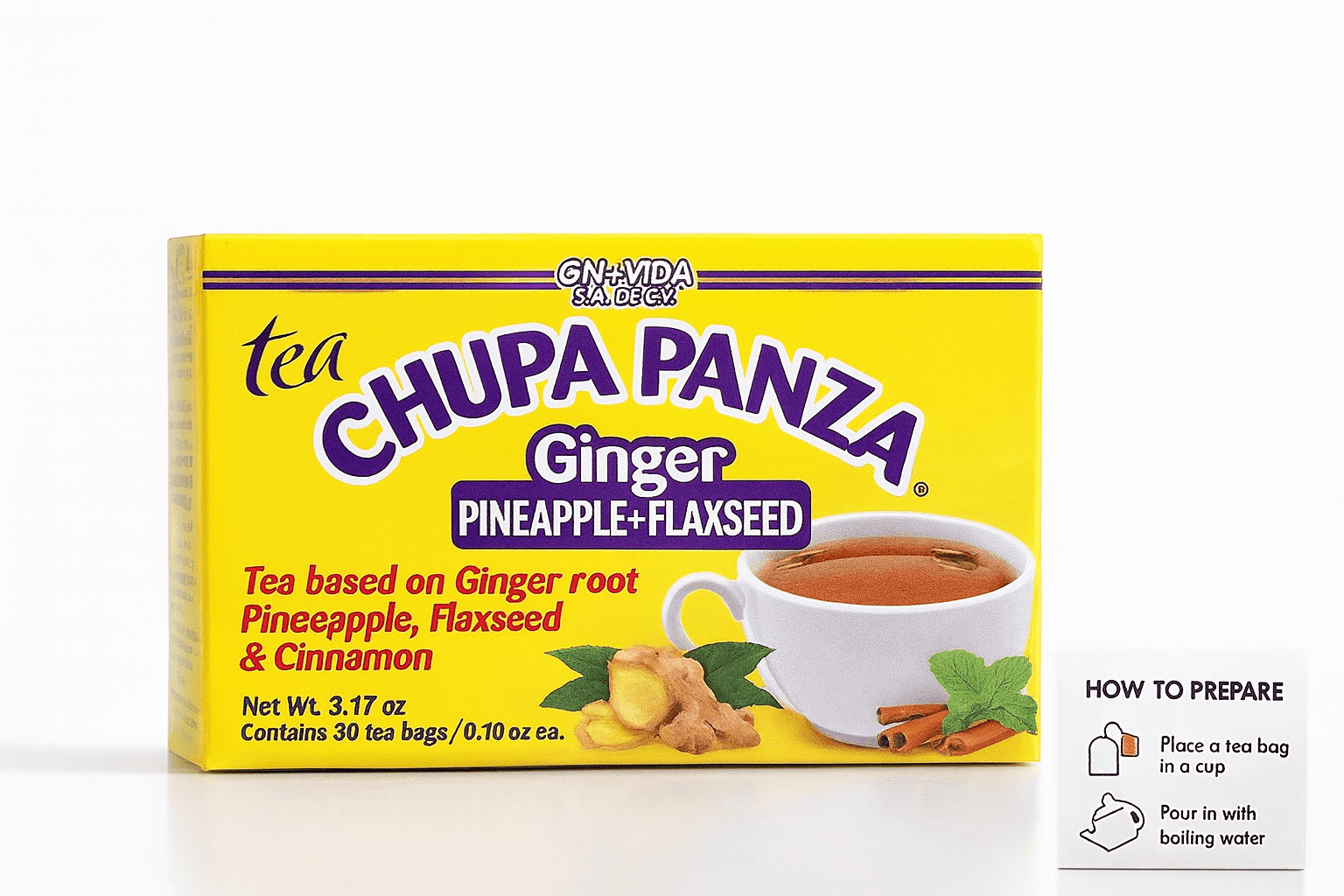 Chupa Panza Herbal Tea with Ginger, Pineapple, Flaxseed & Cinnamon, 30 Count Each, 3-Pack Combo