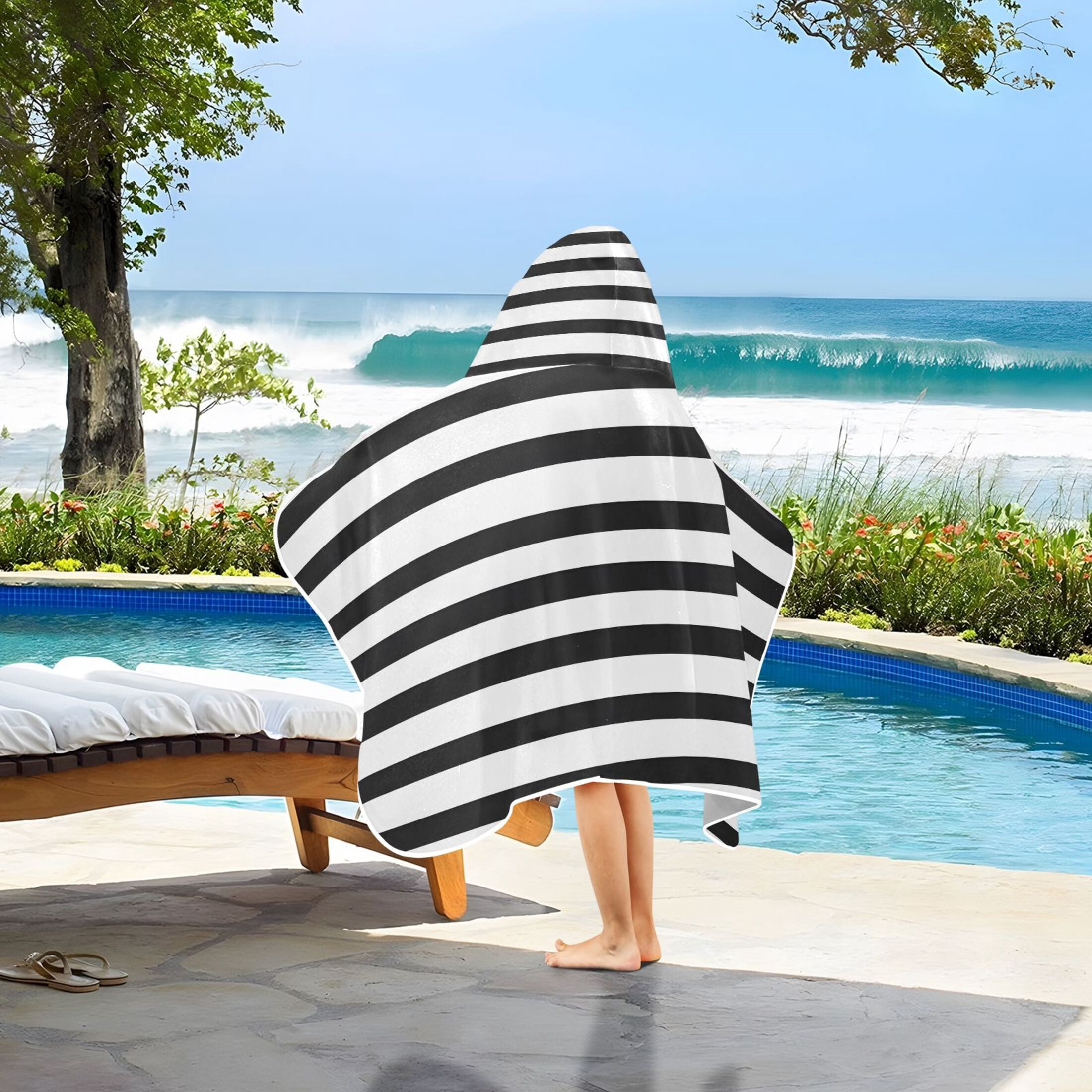 Minimalist Black and White Stripe 50x23.5" Baby Hooded Bath Towel Poncho, Quick-Dry and Triangle Pocket, Kids' Essential