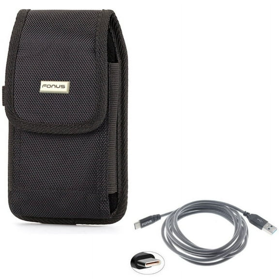 Rugged Durable Canvas Case Belt Holster w Mesh Braided Gray 6ft Long Type-C Cable Rapid Charger Sync USB Wire E7D for ASUS ZenFone 5z 4 Pro - Blackberry Motion - BLU G9, Vivo XI Plus