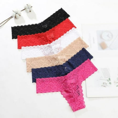 

6 Pack Women Low-waist Lace Thongs Cotton Crotch Seamless Hollow Lace Panties Breathable Cotton Briefs Underpants