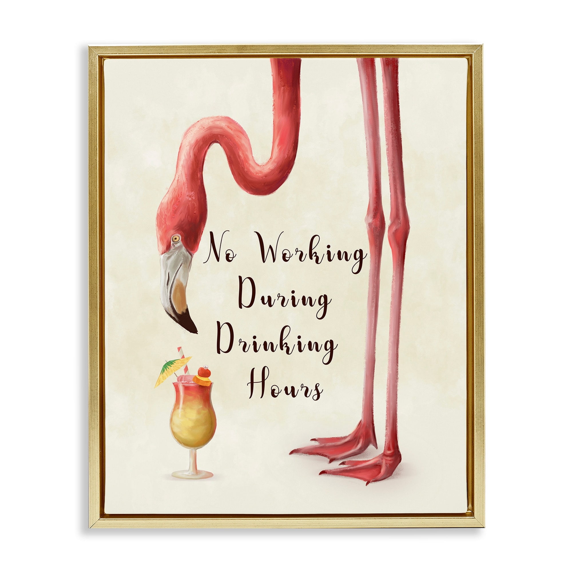 Stupell Industries No Working During Drinking Hours Phrase Tropical Flamingo Metallic Gold Framed Floating Canvas Wall Art, 16x20, by Ziwei Li