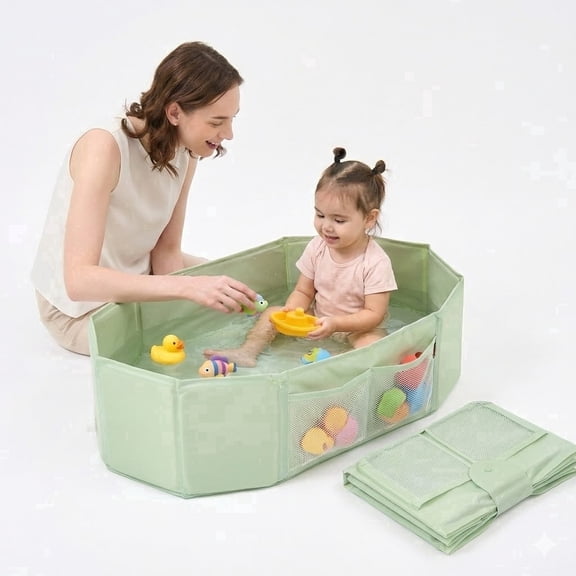 Uncle Wu Foldable Baby Bathtub for Toddlers, Portable Collapsible Bath Tub with Mesh Pockets and Non-Slip