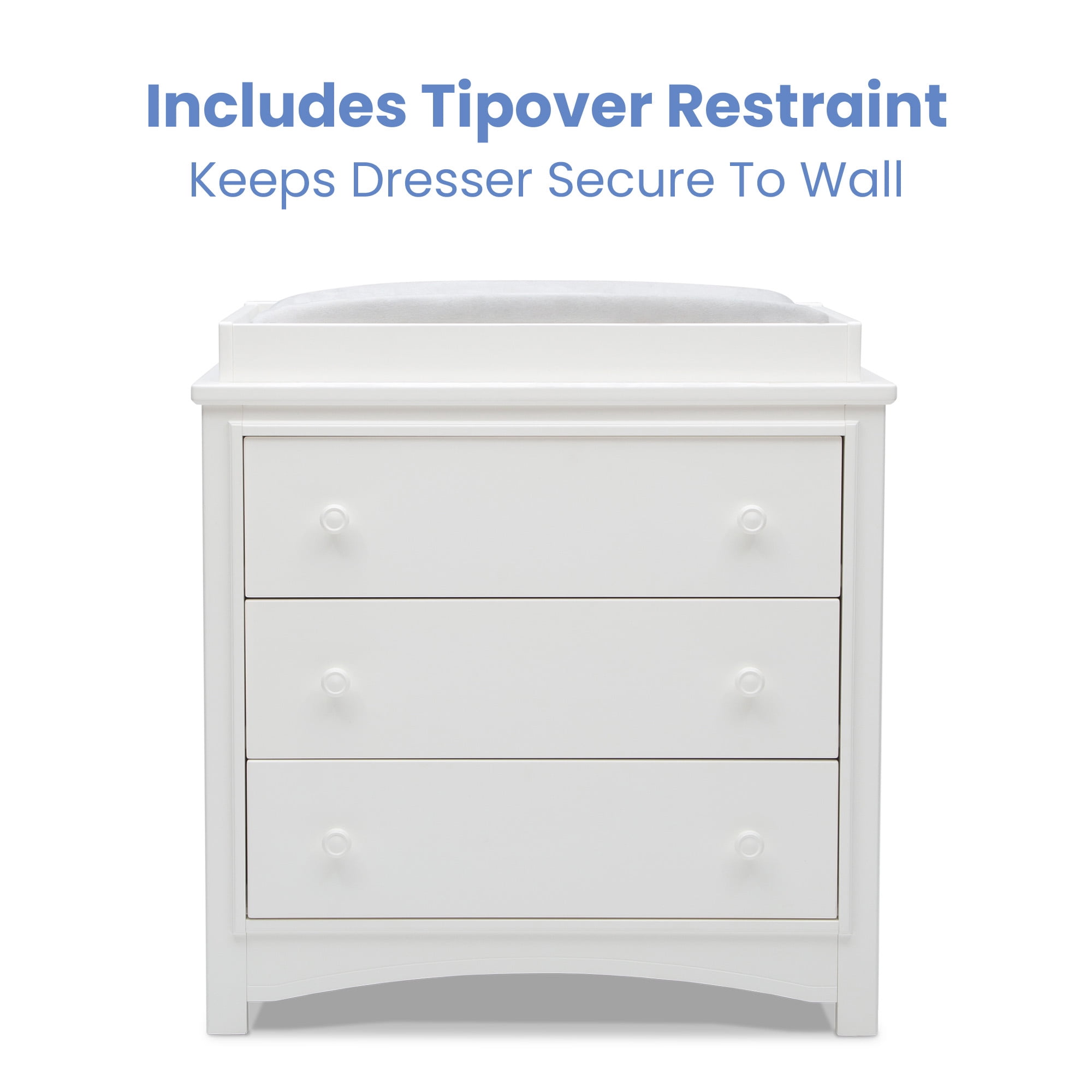 Delta Children Perry 3 Drawer Dresser with Changing Top and Interlocking Drawers, Bianca White