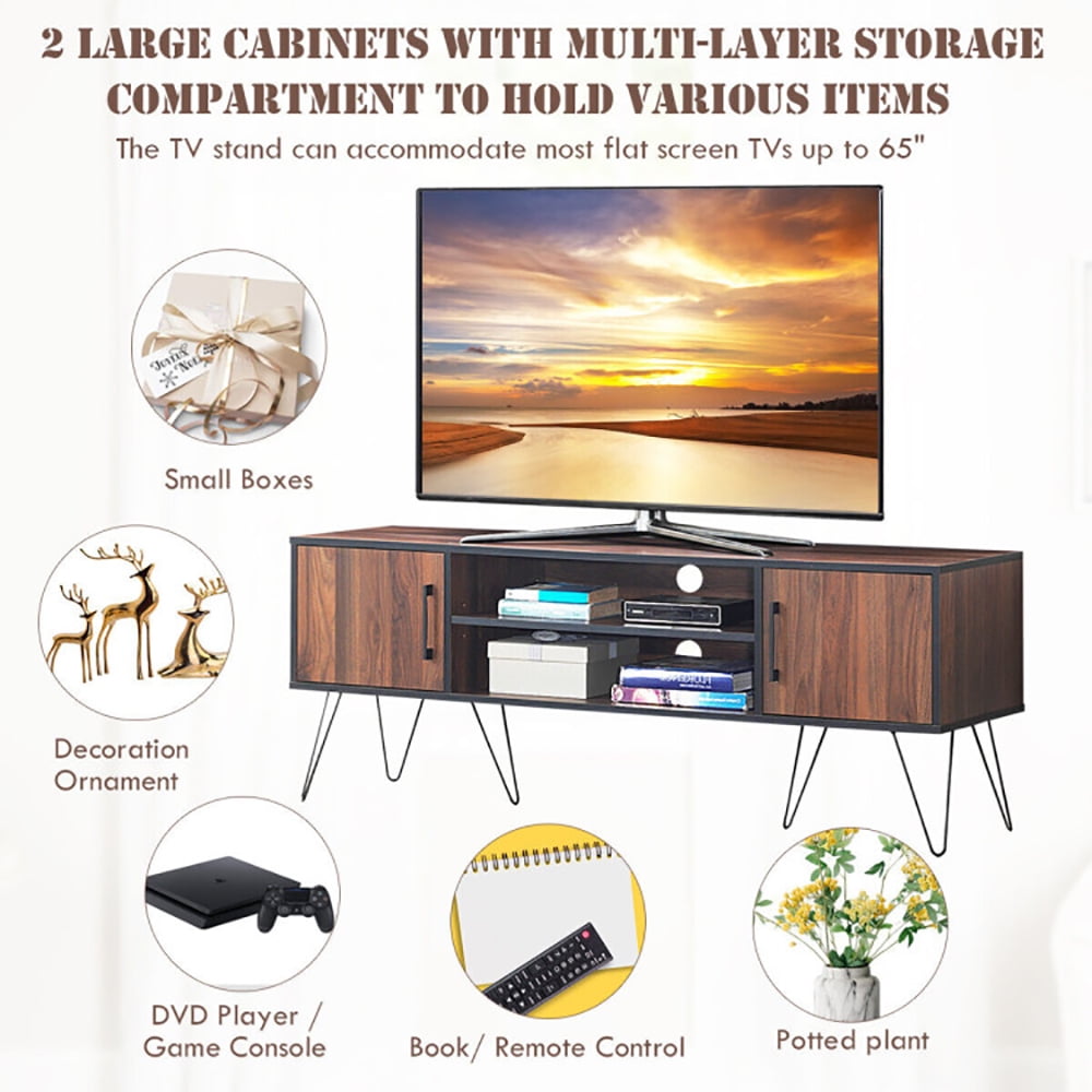 Finihen TV Stand, TV Cabinet, Retro Modern TV Stand with 6 Metal Legs for TVs up to 65 Inch with 2 Cable Holes, Media Entertainment Center with Storage, for Living Room, Bedroom, Walnut