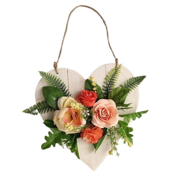 Corona de flores, tablón de madera, enredadera, aro de ratán para colgar en la puerta, adorno de fiesta Corazón