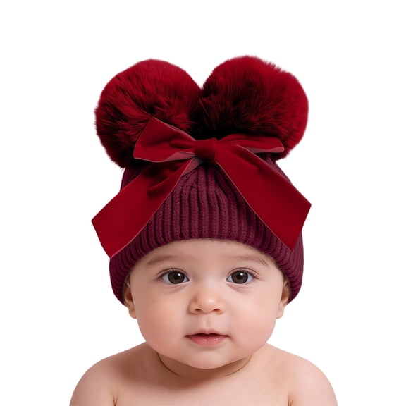 AJGRHE Kids Knitting Woolen Hat Winter Warm Double Pompom Beanie Cap with BowWinter Knitted Cap For And Toddlers With Thick Warm Soft Yarn For Cold Weather RD2 6-36 Month