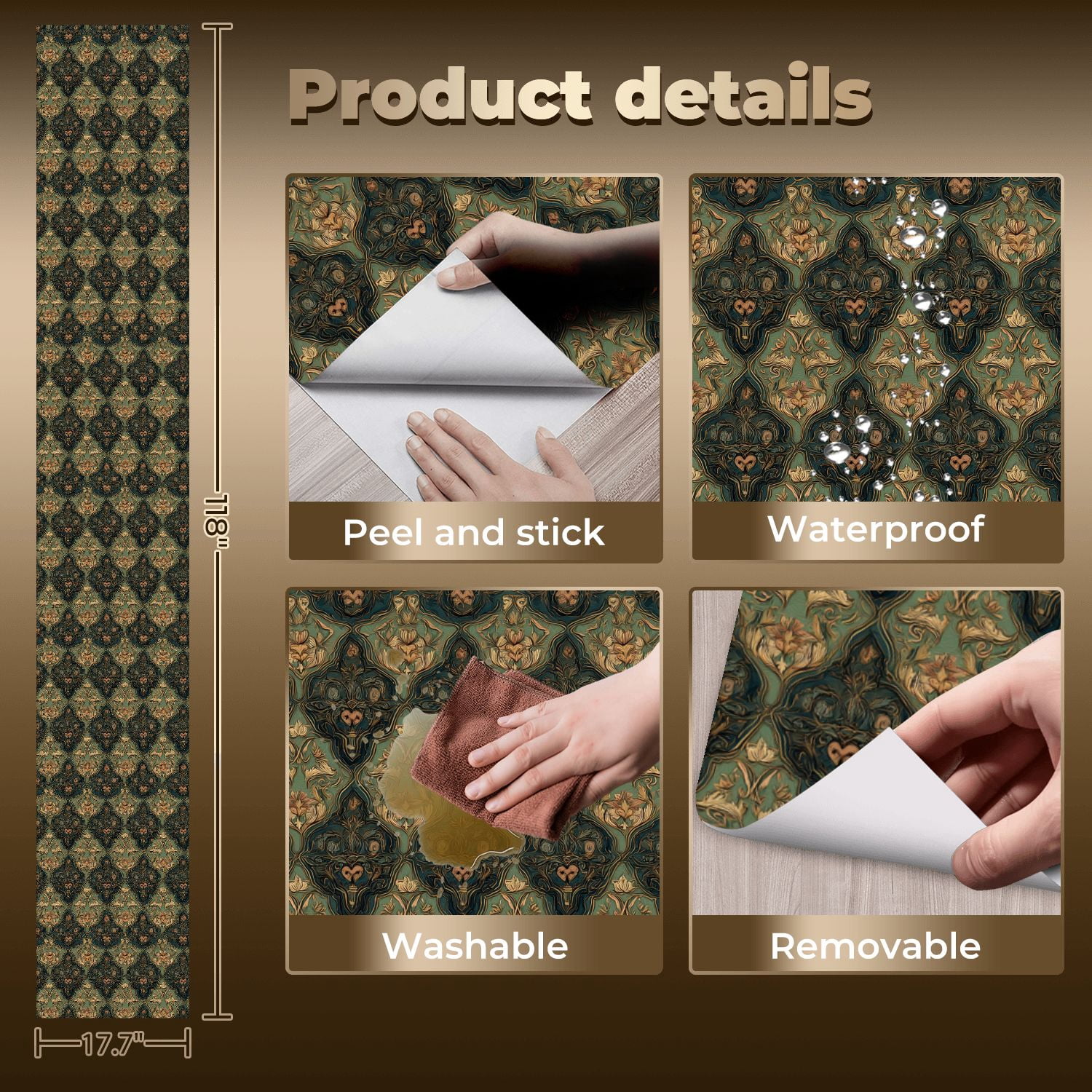 Peel and Stick Wallpaper Baroque Vintage Floral Damask Green Gold Ornate Wall Mural 17.7in x 9.8ft Self Adhesive Removable Wall Paper Renter Friendly Wallpaper for Nursery Bedroom Cabinets