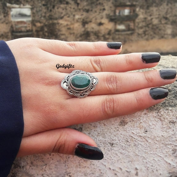 Inisha Creation Oval Emerald Sterling Silver Ring - Boho Chic Gift