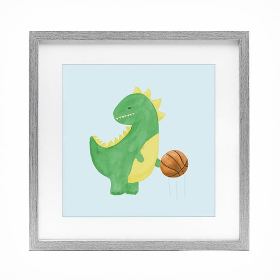 Stupell Industries Contemporary Baby Dino & Basketball Gray Framed Print Under Glass, 16 x 16, by Lucille Price