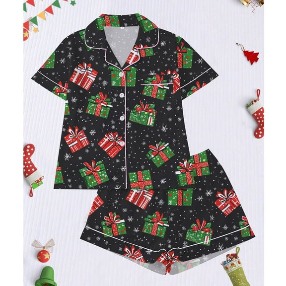 Fznquz Women's Loungewear Sets Xmas Print Soft Christmas Pjs Button Down 2 Piece Shirts Shorts Pj Set
