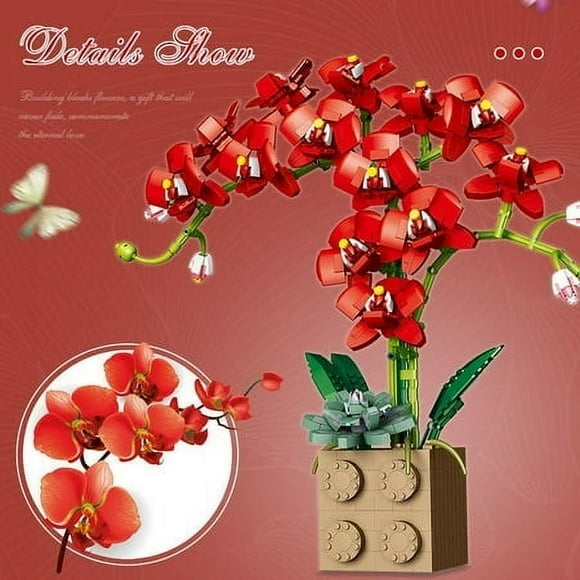 (Red)Flower Bouquet Flowers 2022 orchid Building Block Sets Creative Home Decoration Toys Kit Artificial Flowers Women Grilfriends Birthday Aniversary Gifts for Adult 2022