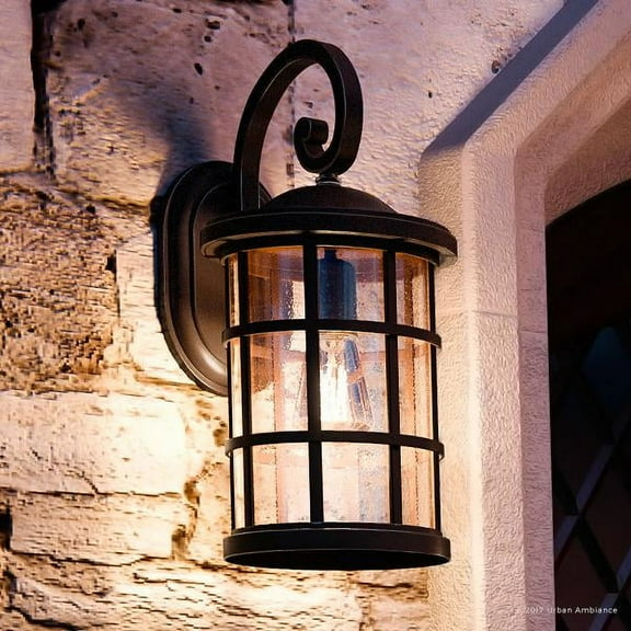 Urban Ambiance Luxury Craftsman Outdoor Wall Light, Medium Size: 17.75"H x 10"W, with Tudor Style Elements, Wrought Iron Design, Oil Rubbed Parisian Bronze Finish and Seeded Glass, UQL1045