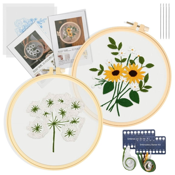 2 Set Embroidery Starter Kit, TSV DIY Cross Stitch Sewing Kit for Beginner with Hoops and Needles