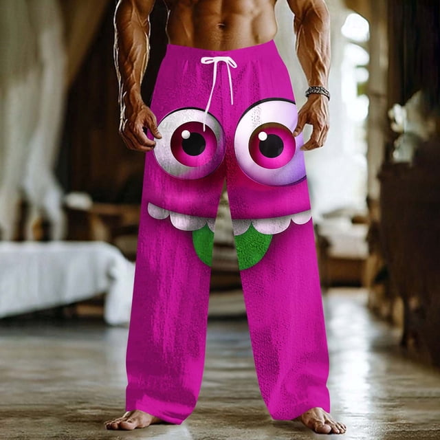 Ceisia Men's Loose Straight Leg Casual Pants Tongue-Out Cartoon Print Elastic Drawstring Waist Multi-Color Beach Vacation Pants Hot Pink L Gifts