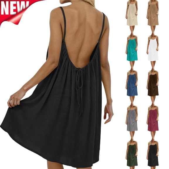 Tqyyweavej Women's Backless Cami Dress Spaghetti Strap Solid Color Beach Dress Sleeveless Summer Dresses for Women with Back Tie S-3XL
