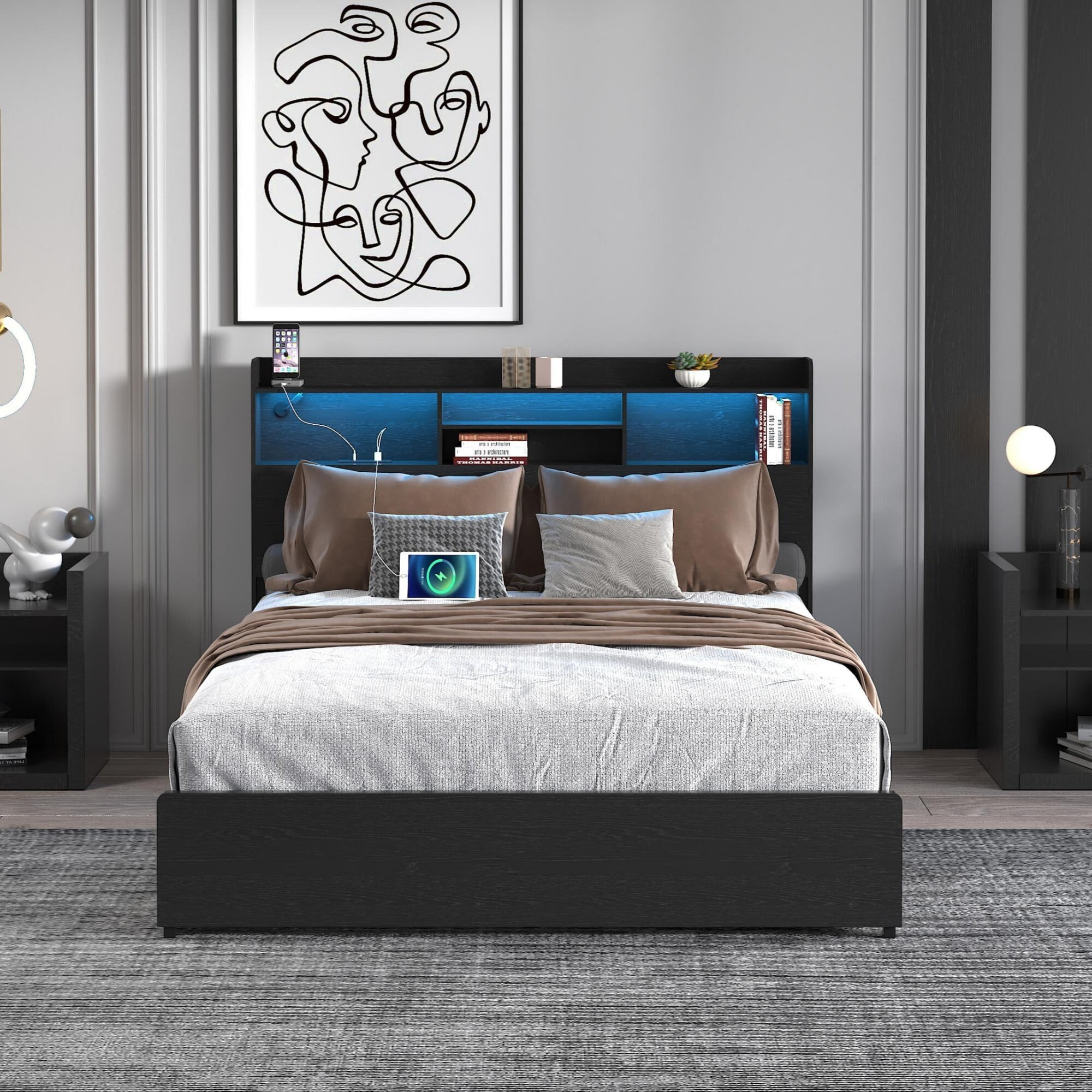 AENKYO Full Size Bed Frame with 4 Storage Drawers & LED Lights - Storage Headboard with Charging, Noise-Free, Black