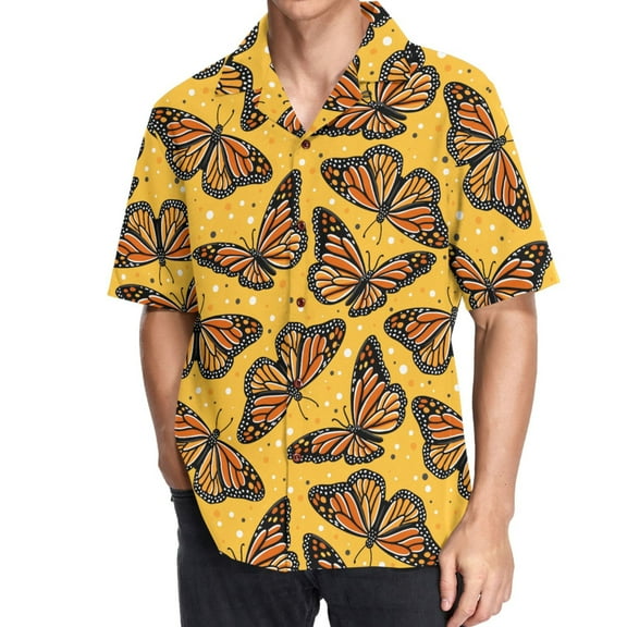 joogoo Men's Hawaiian Shirt Monarch Butterflies Short Sleeve Casual Button Down Shirts M