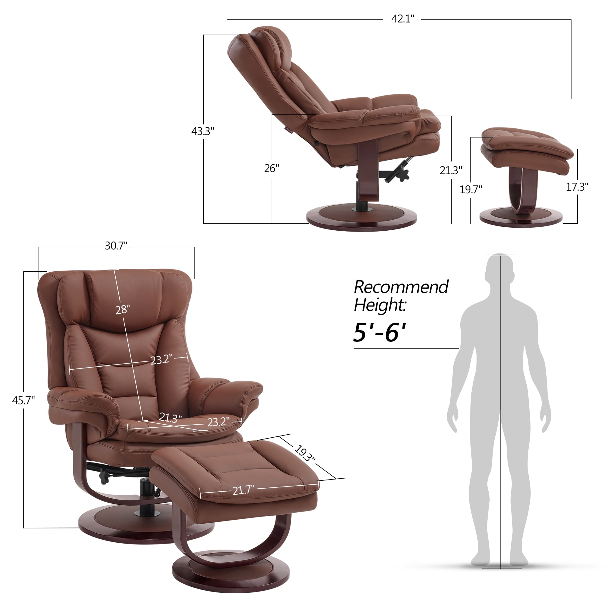 MCombo Swivel Recliner with Ottoman, Reclining Chair with Adjustable Back, Faux Leather Upholstered Lounge Chair for Living Room Bedroom Office 4651（Brown）