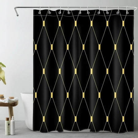 HVEST Black and Gold Geometric Shower Curtain, Geometric Pattern Bathroom Curtain Modern Minimalist Polyester Fabric Decor Curtain with Hooks, 60X72 inch