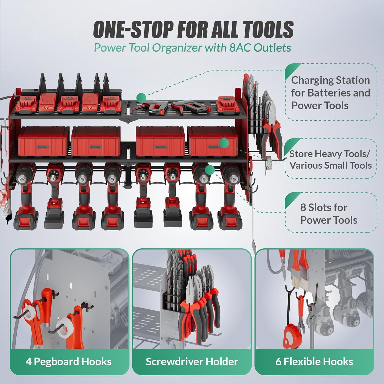 Suchtale Power Tool Organizer with Charging Station,33.2''Garage 8 Drill Holders Wall Mount,3 Layers Heavy Duty Metal Tool Shelf with 8 Outlets Power Strip, Gift for Men, Father, Red