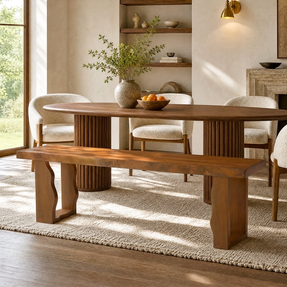 55" Solid Wood Dining Bench, Farmhouse Entryway Bench with 1.77" Thick Wood Seat, 350 LB Capacity, Rustic Indoor Bench for Dining Room, Hallway & Bedroom