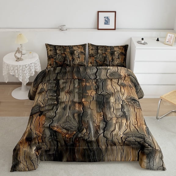 Vintage Bark Bedding Set Queen Size,Rustic Tree Bark Comforter Set,Country Nature Bedding Comforter Sets,Farmhouse Abstract Pattern Quilt Bedroom Decor