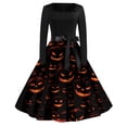 thumbnail image 2 of Womens Halloween Hepburn Dresses Witch Hat Castle Long Sleeve Spooky Hepburn Dresses Pumpkin Bat Round Neck Funny Hepburn Dress, L, 2 of 5
