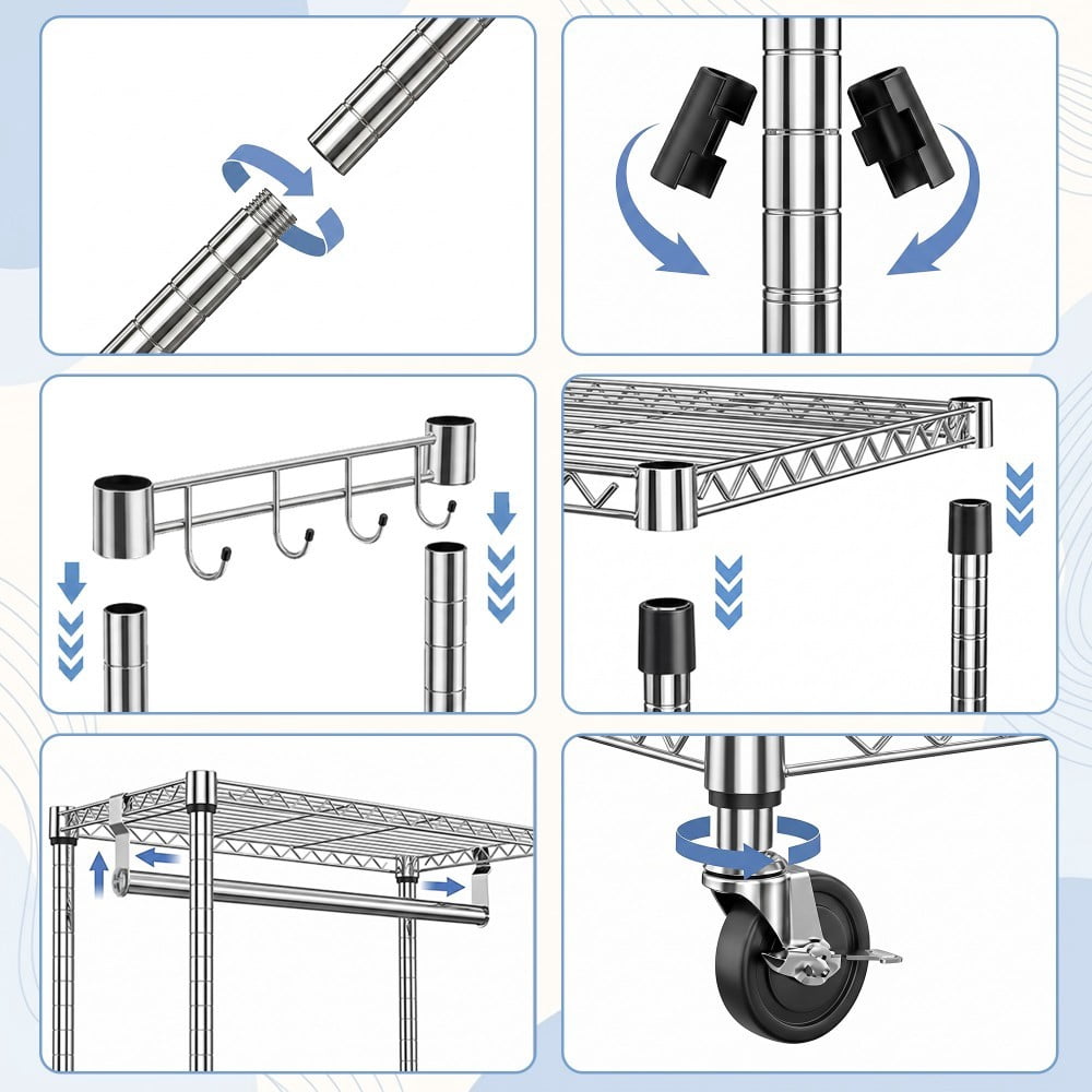 Heavy Duty Rolling Garment Rack, 3-Tier Adjustable Wire Shelving Clothes Rack with Hanging Rod, Side Hooks & Lockable Wheels, Chrome