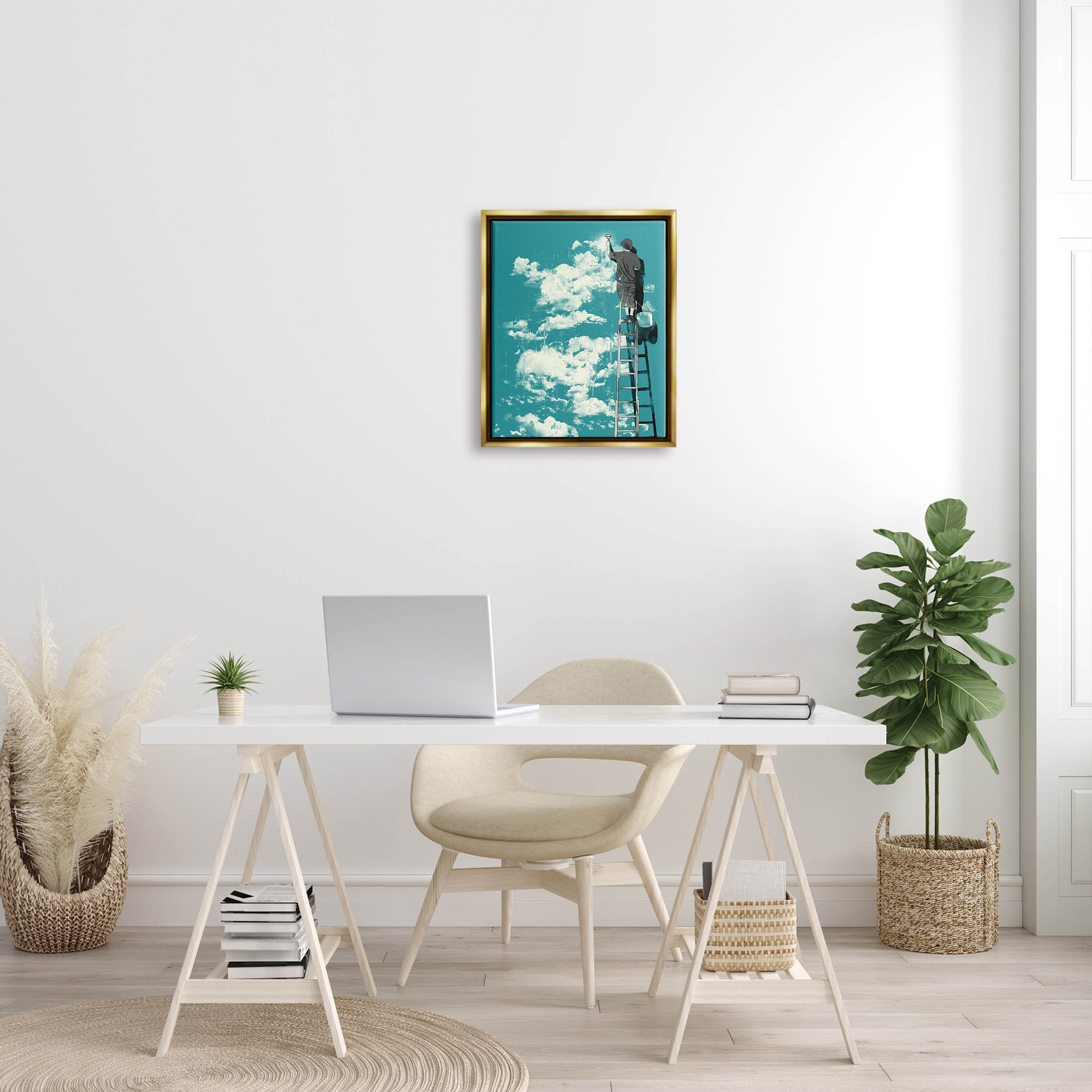 Stupell Industries Painter On Ladder Conceptual Clouds Graphic Art Metallic Gold Floating Framed Canvas Print Wall Art, Design by Matheus Lopes Castro