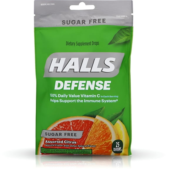 Halls Defense Vitamin C Drops Sugar Free Assorted Citrus 25 Each (Pack of 4)