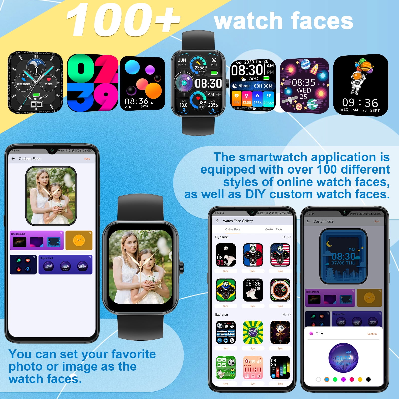 PTHTECHUS 1.83'' Smart Watch for Kids Sport Smartwatch with 37 Sports Modes DIY Watch Touchscreen Phone Calls Music Calculator Excellent Gift for Teenage(Black)