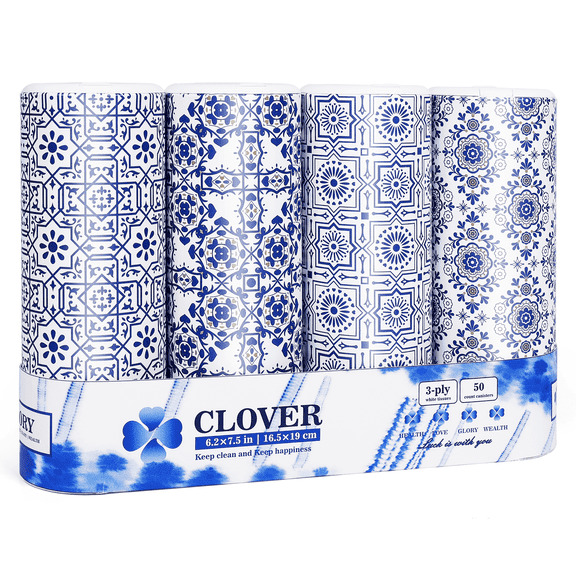 Clover Cylinder Facial Tissues for Car or Small Space,4 Tubes 3-Ply White&Blue Car Tissus for Travel