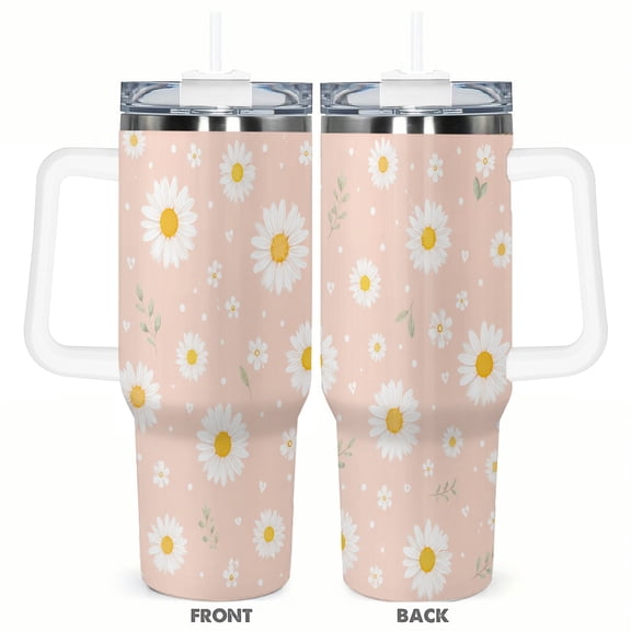 40oz Peach Daisy Floral Tumbler with Handle Stainless Steel Insulated Travel Coffee Cup Gift