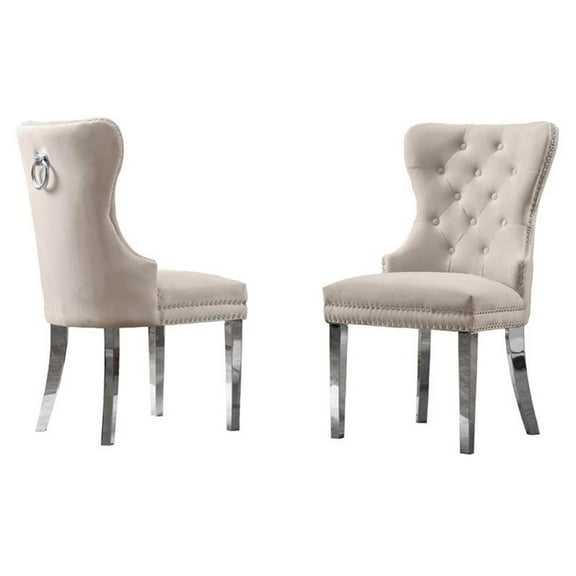 Tufted Cream Velvet Side Chairs with Silver Stainless Steel (Set of 2)