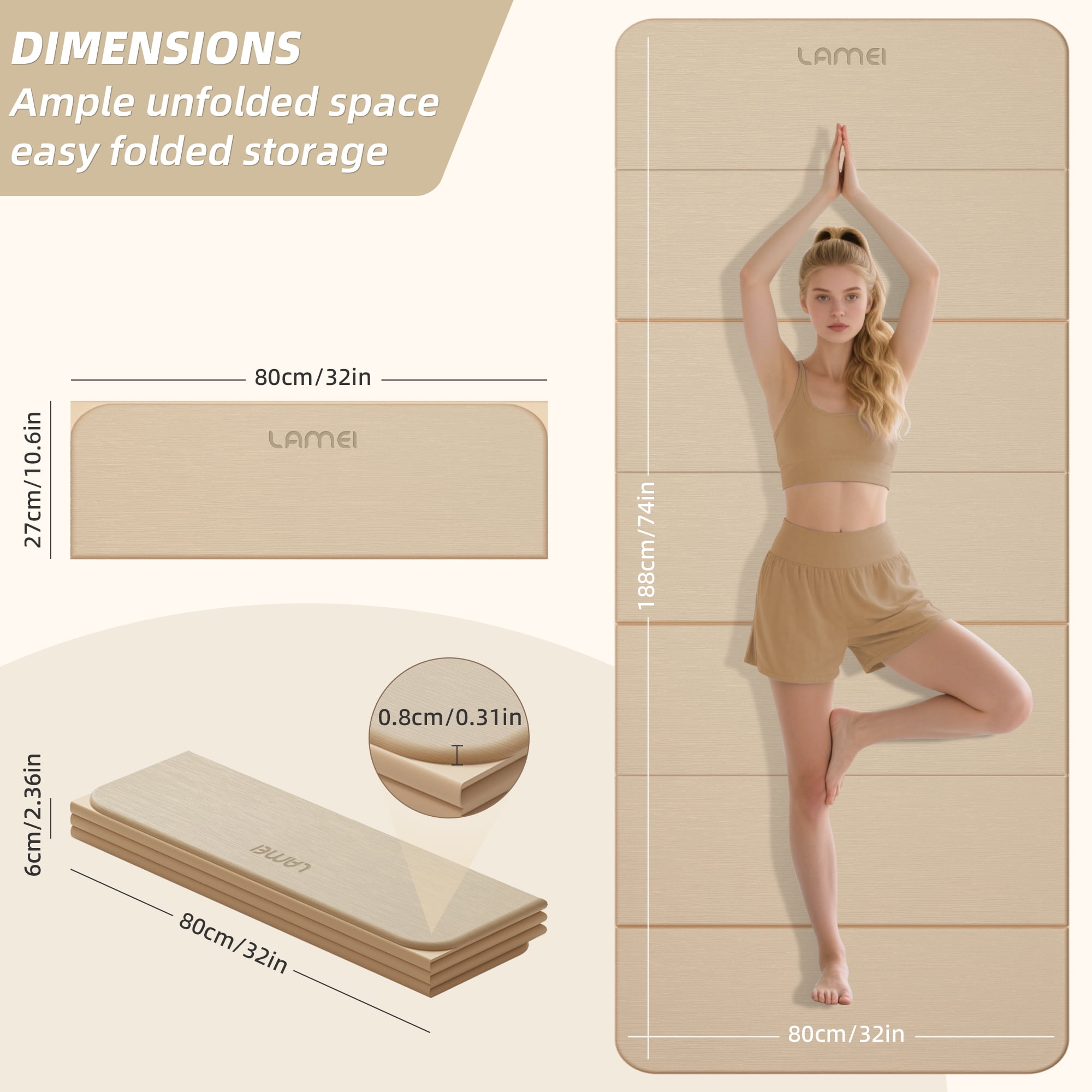 Lamei Foldable Yoga Mat, 31" Extra Wide Non-Slip Exercise Mats for Home Workout, 75" Long, 8mm Thick,Lightweight Travel, Quick Unfold/Fold, Flat Lay No Curl(Beige)