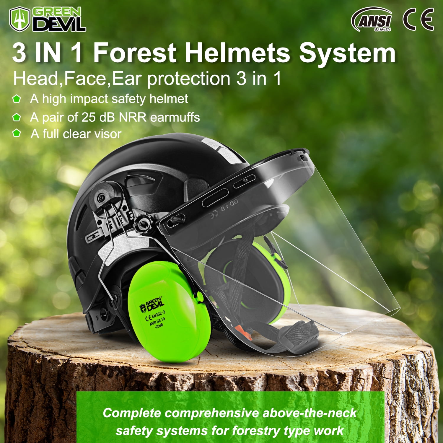 GREEN DEVIL Chainsaw Helmet with Face Shield and Ear Muffs  3‑in‑1 Forestry Helmet System  Hard Hat for Logging Arborist Construction