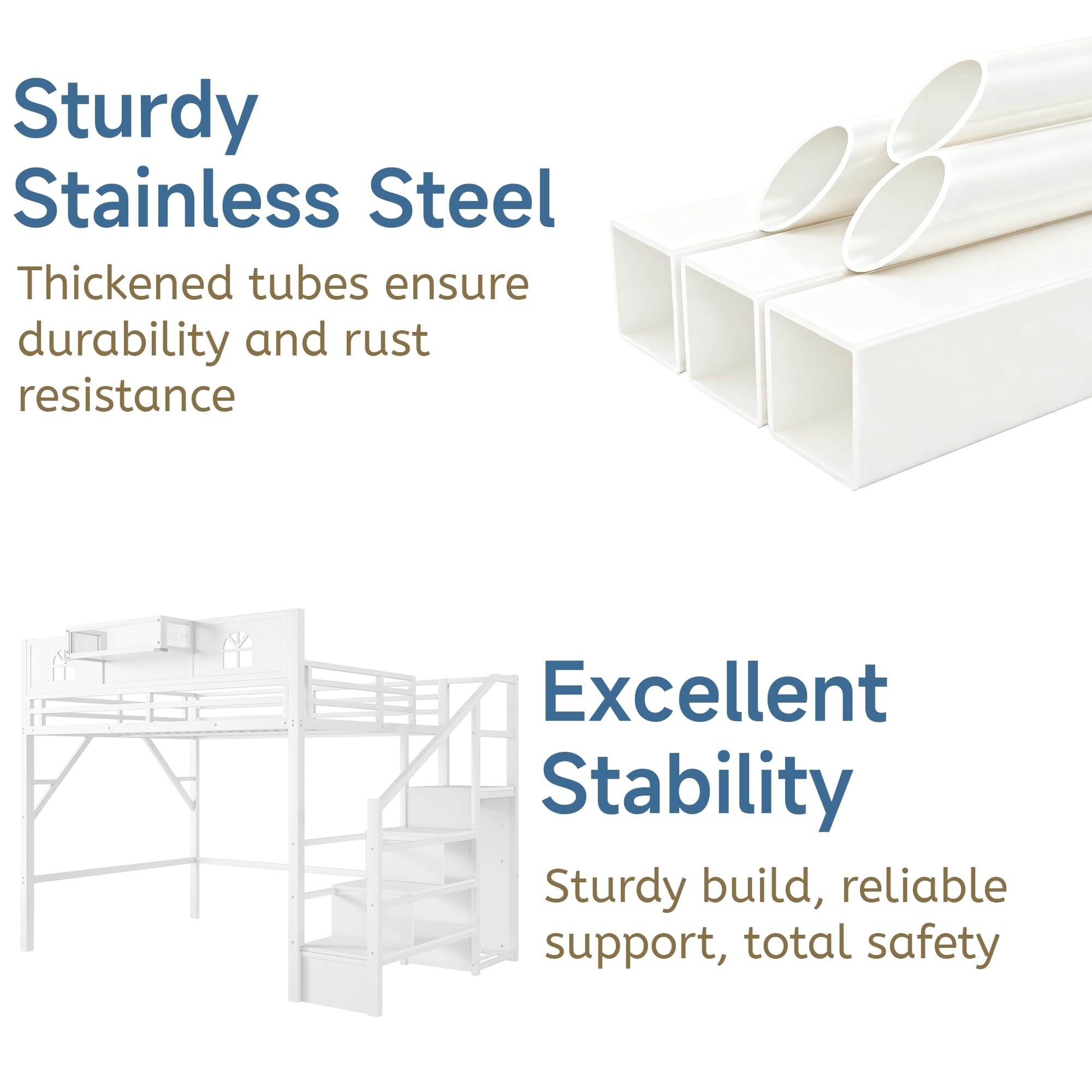 Mirightone Queen Loft Bed with Stairs, Metal Queen Size Loft Bed Frame with Storage Shelf &Tall Guardrails , High Loft Beds with Wardrobe, LED Light & USB for Teens Adults, White