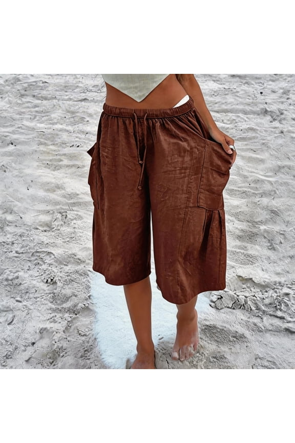 Women's Loose Wide Leg Track Pants Drawstring Pockets Elastic Waist Capri Hiking Pants Brown XL
