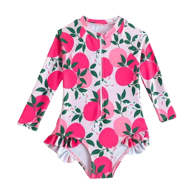 Baby Toddler Girl Long Sleeve Ruffle Swimsuit One Zipper Bathing Suit with UPF 50+ Sun Protection