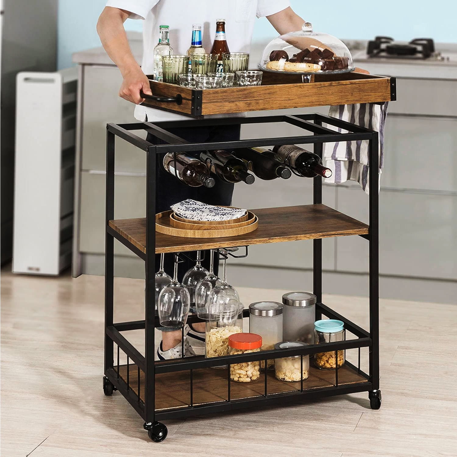 Charcoal Gray and Black ULRC072B04 Utility Cart with Wheels and Handle VASAGLE Bar Cart Universal Casters with Brakes Kitchen Serving Cart Leveling Feet