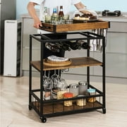 3-Tier Bar Serving Cart Home Rustic with Removable Top Tray Metal Handle Rack Mobile Kitchen Serving cart on Wheels