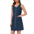 thumbnail image 4 of INSPIRE CHIC Jean Dresses for Women Back to School Button Down V Neck Sleeveless Collarless Mini Denim Dress with Pockets L Deep Blue, 4 of 5