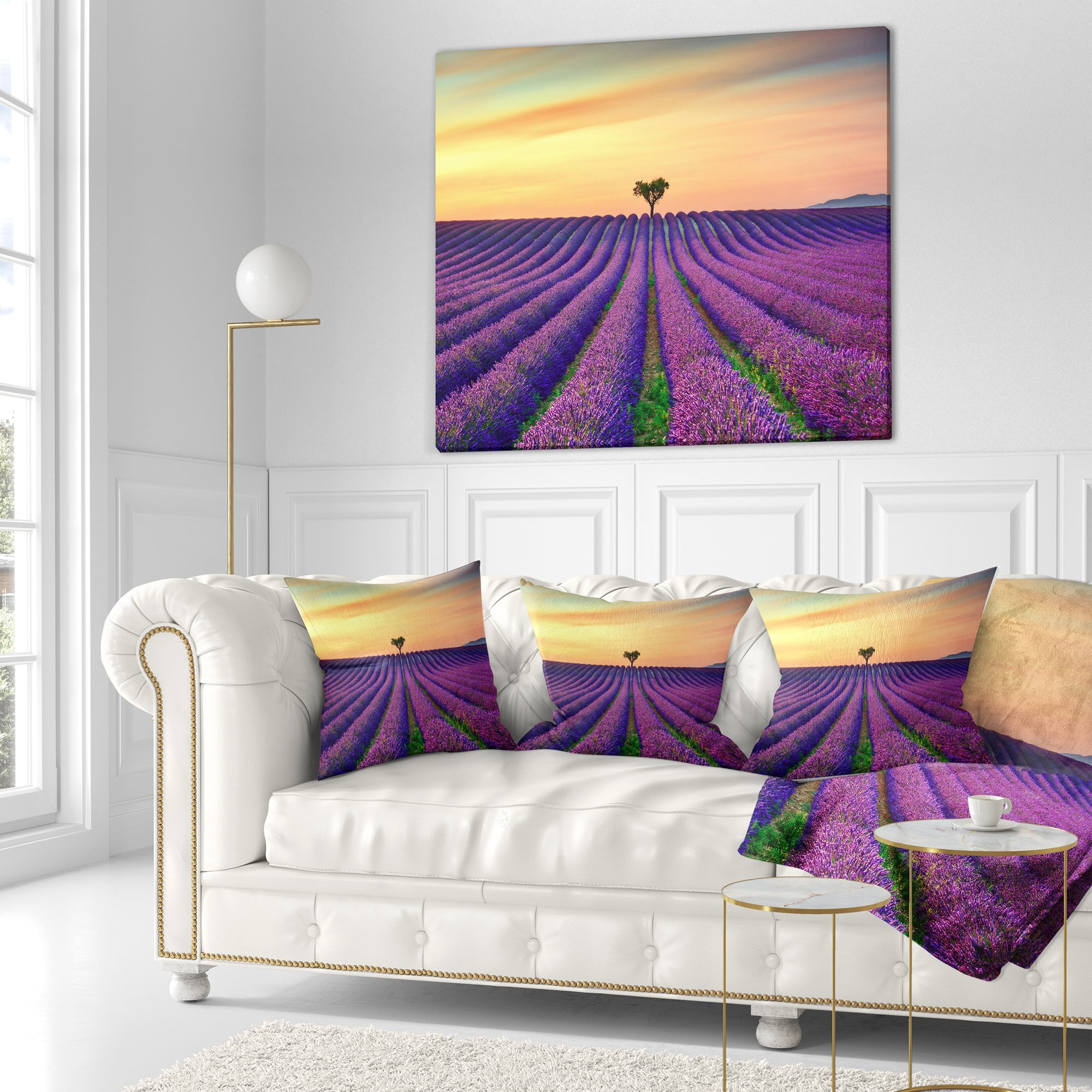 Designart Lavender Flower Rows in Provence - Landscape Wall Throw Pillow - 18x18