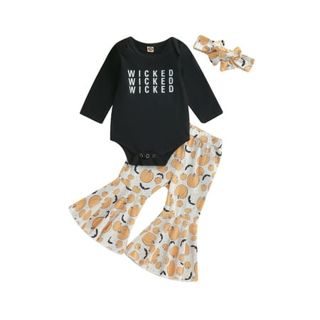

Bagilaanoe 3Pcs Newborn Baby Girl Halloween Outfits Letters Print Long Sleeve Romper Tops + Pumpkin Flare Trousers + Headband 6M 12M 18M 24M Infant Long Pants Set
