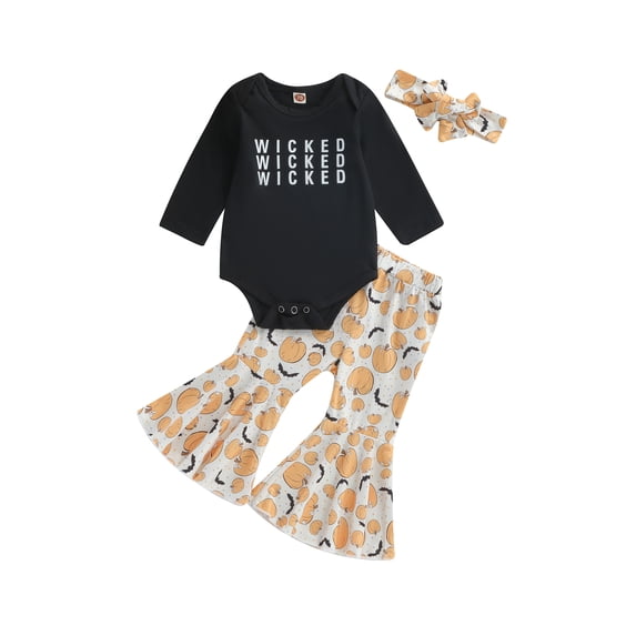 Infant Baby Girl Halloween Clothes Set Ghoul Gang Long Sleeve Romper Tops Pumpkin Flared Pants 3Pcs Fall Outfit