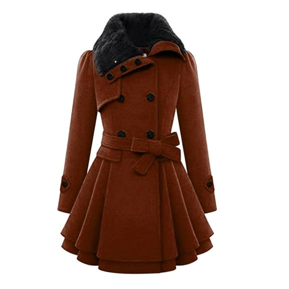 Long Trench Coat Women Dress Jackets Coats Double- Pea Coat with Bow Tie Belt Sherpa Lined Trench Coat for Women (Coffee L)