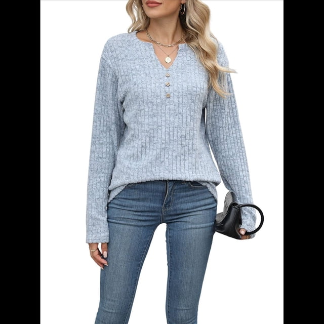 Camisas de Larga para Mujer, Suéteres Elegantes Informales con Botones y Cuello en V, Tops Tipo Jersey, Conjuntos de Otoño. Azul XL