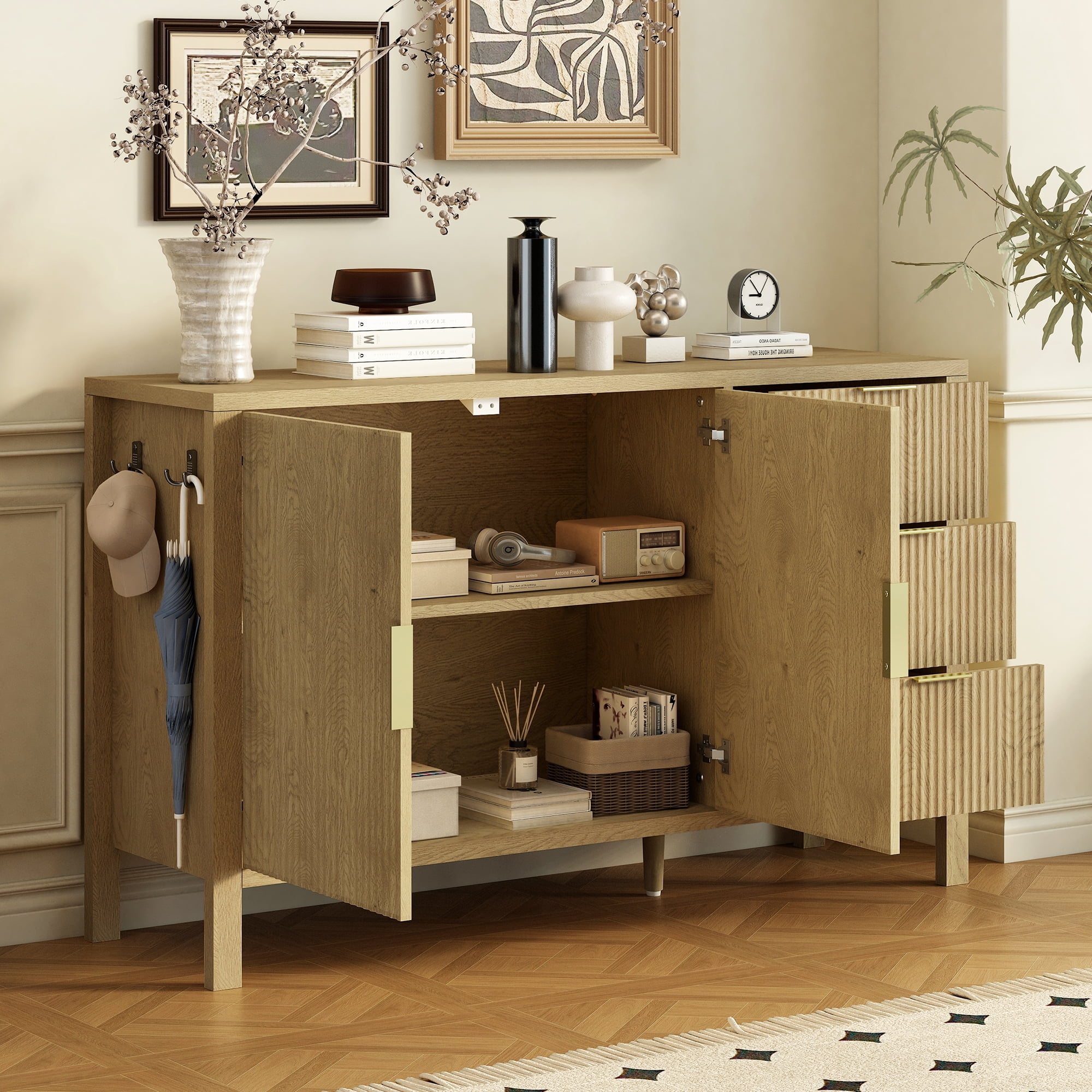 Sideboard with 3 Drawers, Large Storage Buffet Cabinet with Hooks and Extra Center Leg, Suitable for Living Room, Entryway, Hallway