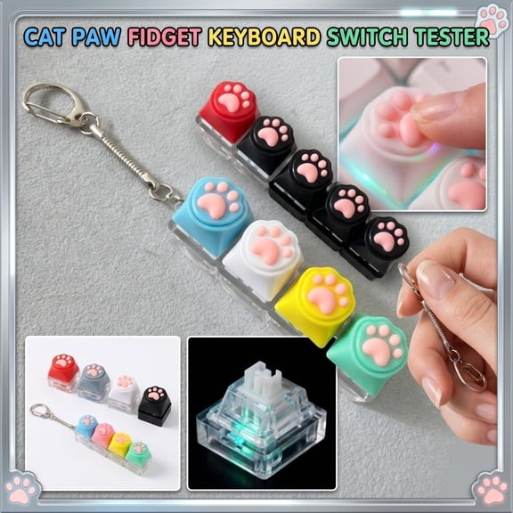 Plumora Cat Paw Glowing Button Tester Keychain, Mini Stress Toy with Creamy Clicker, Light-Up Keyboard Fidget for Fun (White)