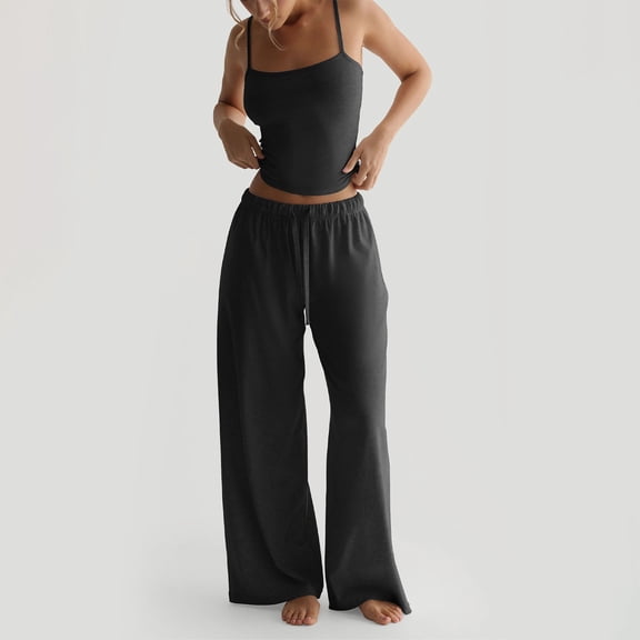 Women's Ribbed Tank Top and Oversized Wide Leg Pants Set, Soft Casual Loungewear Two Piece Outfit with Drawstring Waist, Relaxed Lazy Style Home Wear Suit for Daily Lounge and Casual Wear Black